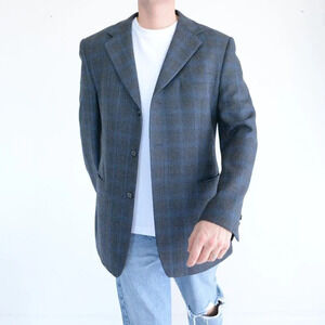 Perry Ellis Vintage Grey Blue Checker Pattern Wool Three Button Blazer - Size 44